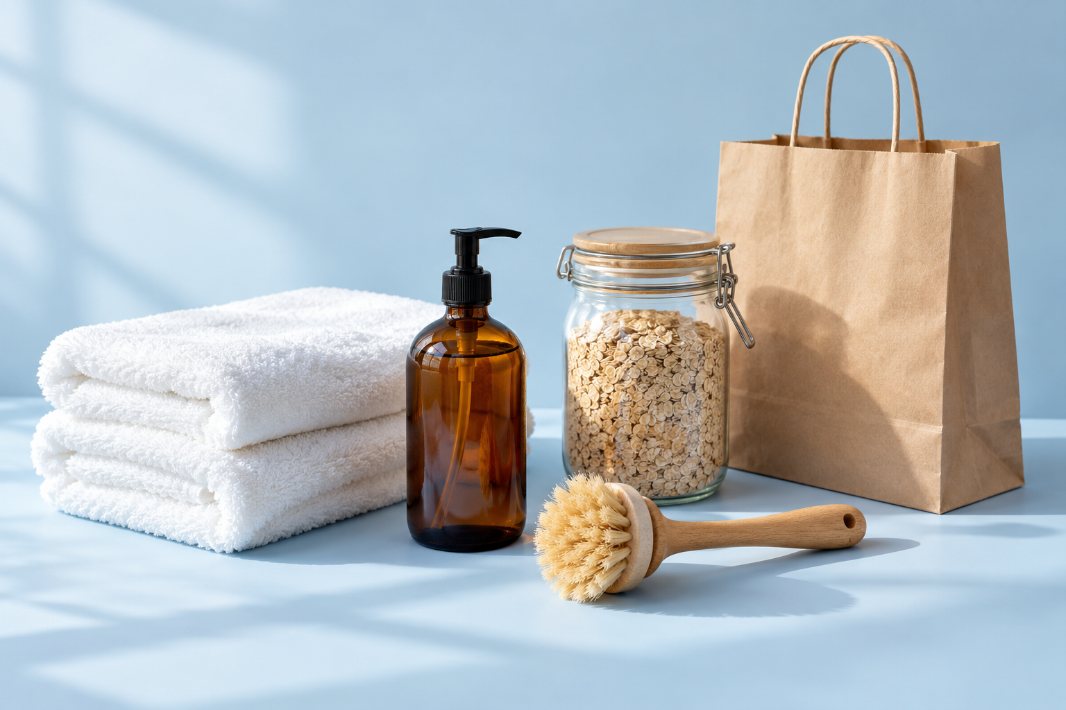 Household essentials and pantry staples arranged in natural light